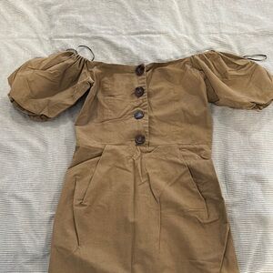Brown Off-Shoulder Dress with Puff Sleeves